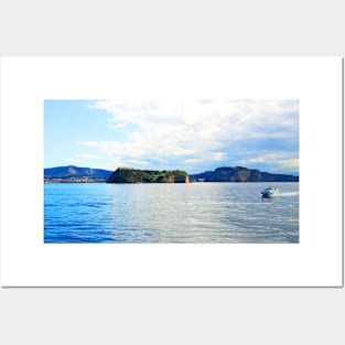 View from the Gulf of Naples at the Tyrrhenian Sea, boat and rocky outcrops Posters and Art